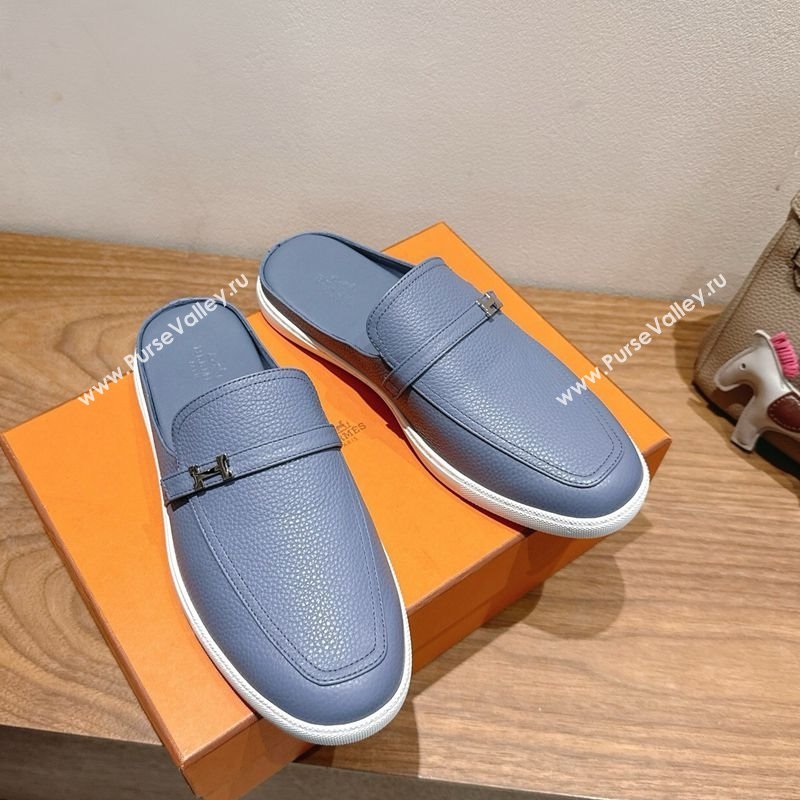 Hermes Likely Flat Mules in Grained Calfskin with Mini H Buckle Blue 2025 H252805 (XC-250708042)