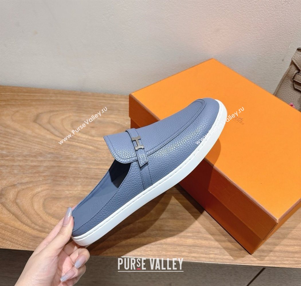Hermes Likely Flat Mules in Grained Calfskin with Mini H Buckle Blue 2025 H252805 (XC-250708042)