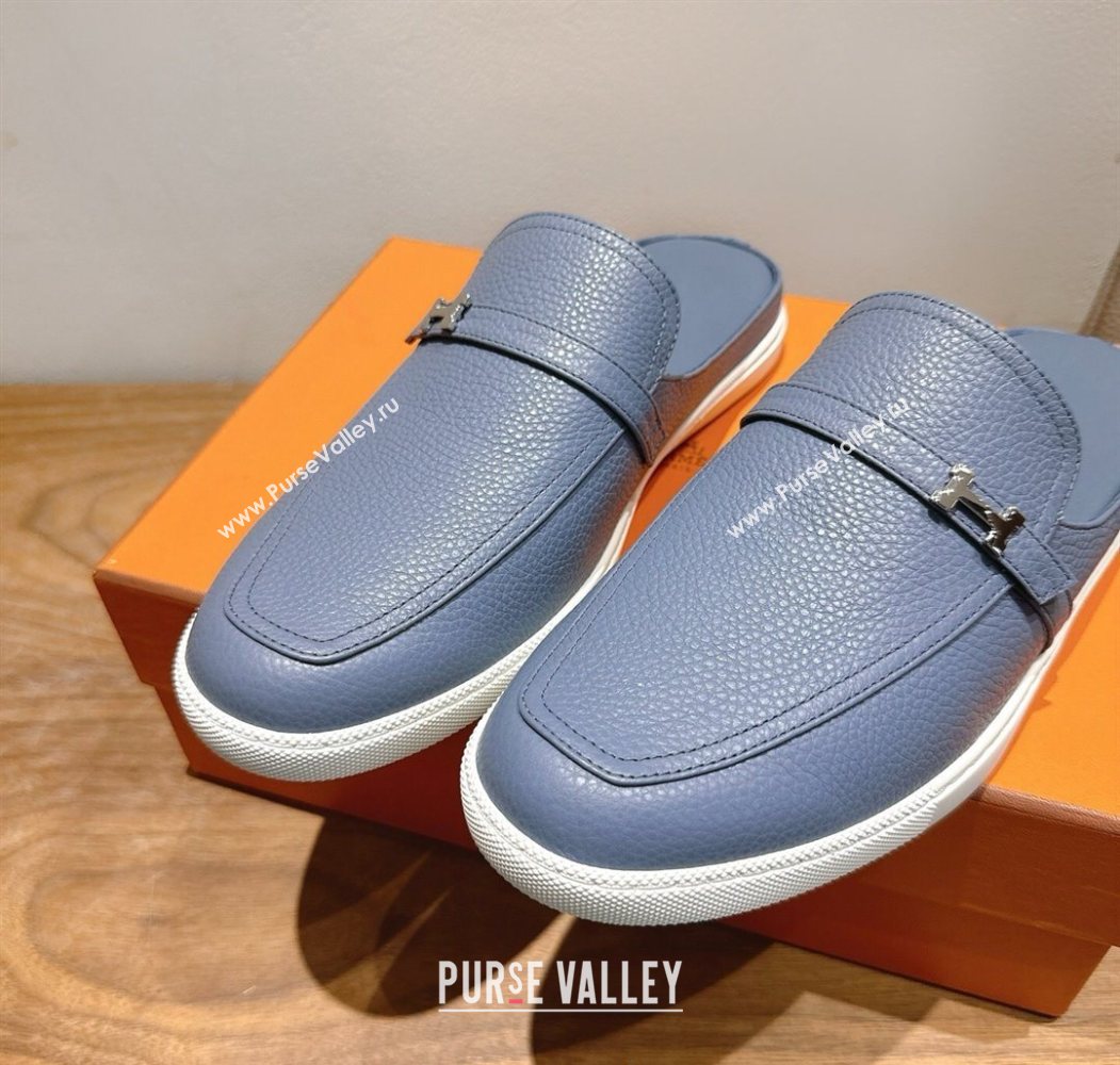 Hermes Likely Flat Mules in Grained Calfskin with Mini H Buckle Blue 2025 H252805 (XC-250708042)