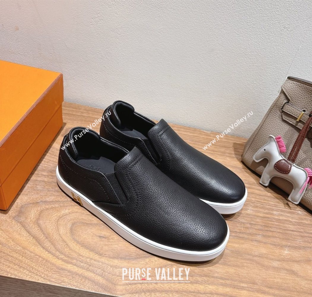 Hermes Lucky slip-on sneakers in Grained Calfskin with with signature "H" Black 2025 H252894 (XC-250708045)