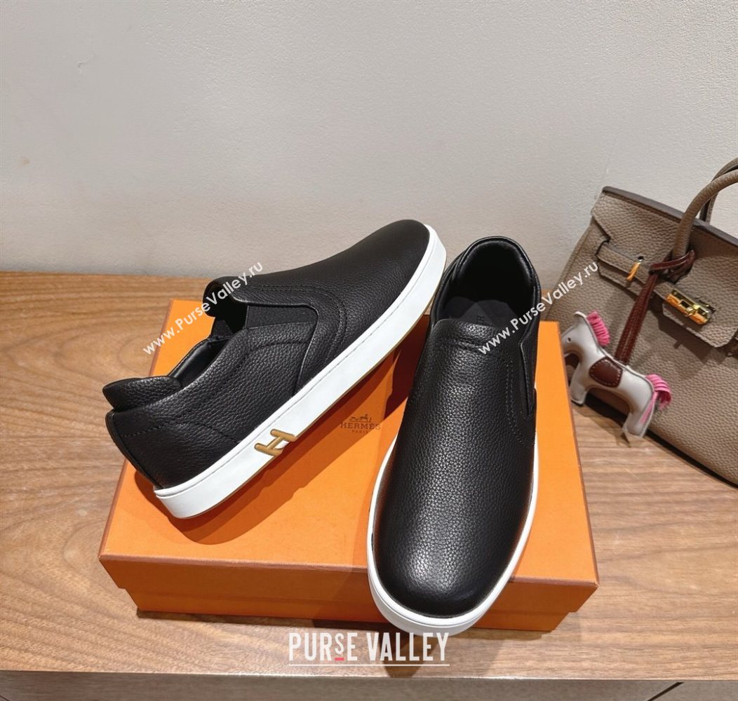 Hermes Lucky slip-on sneakers in Grained Calfskin with with signature "H" Black 2025 H252894 (XC-250708045)