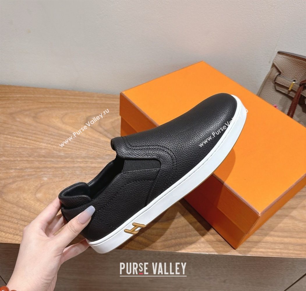 Hermes Lucky slip-on sneakers in Grained Calfskin with with signature "H" Black 2025 H252894 (XC-250708045)