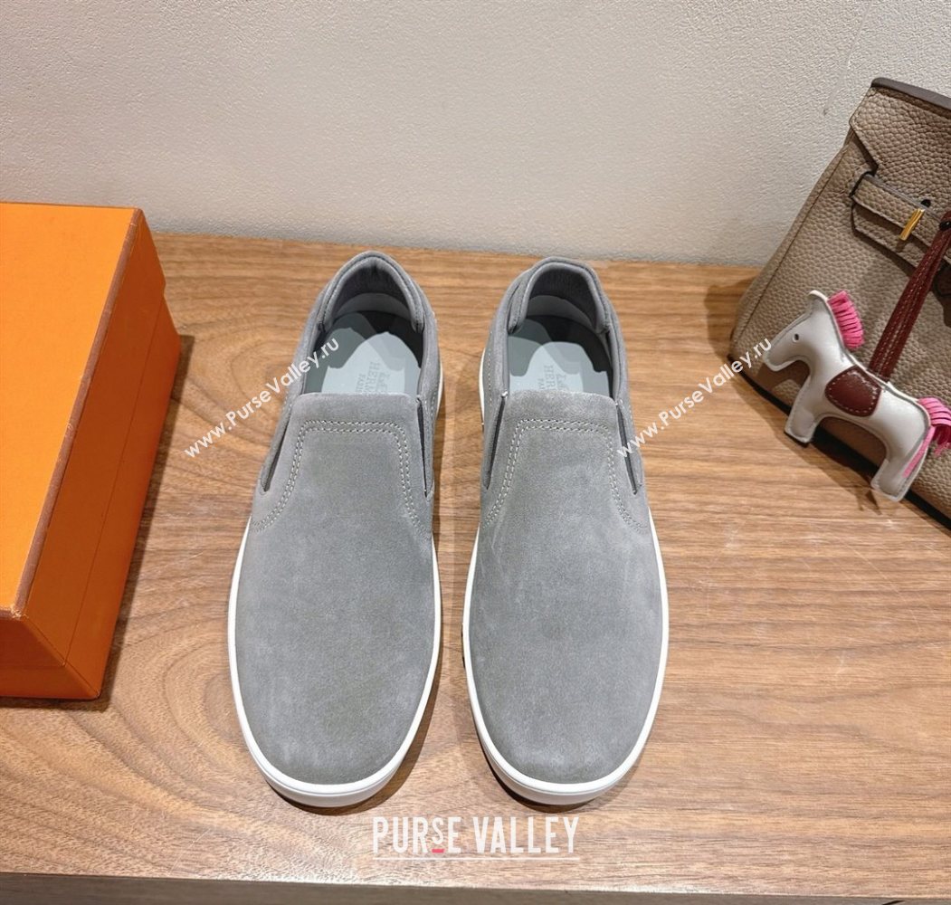 Hermes Lucky slip-on sneakers in Suede with with signature "H" Grey 2025 H252894 (XC-250708048)