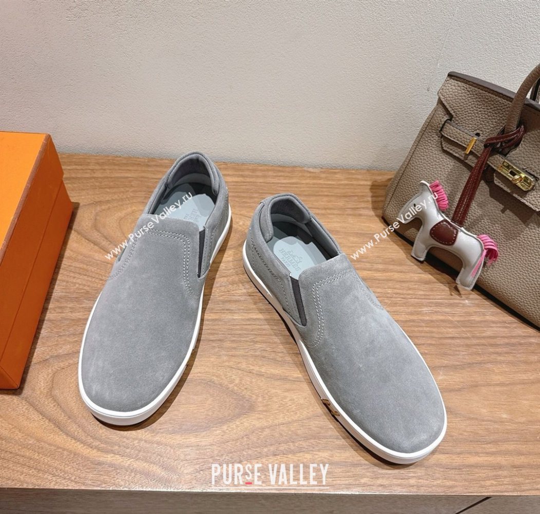 Hermes Lucky slip-on sneakers in Suede with with signature "H" Grey 2025 H252894 (XC-250708048)