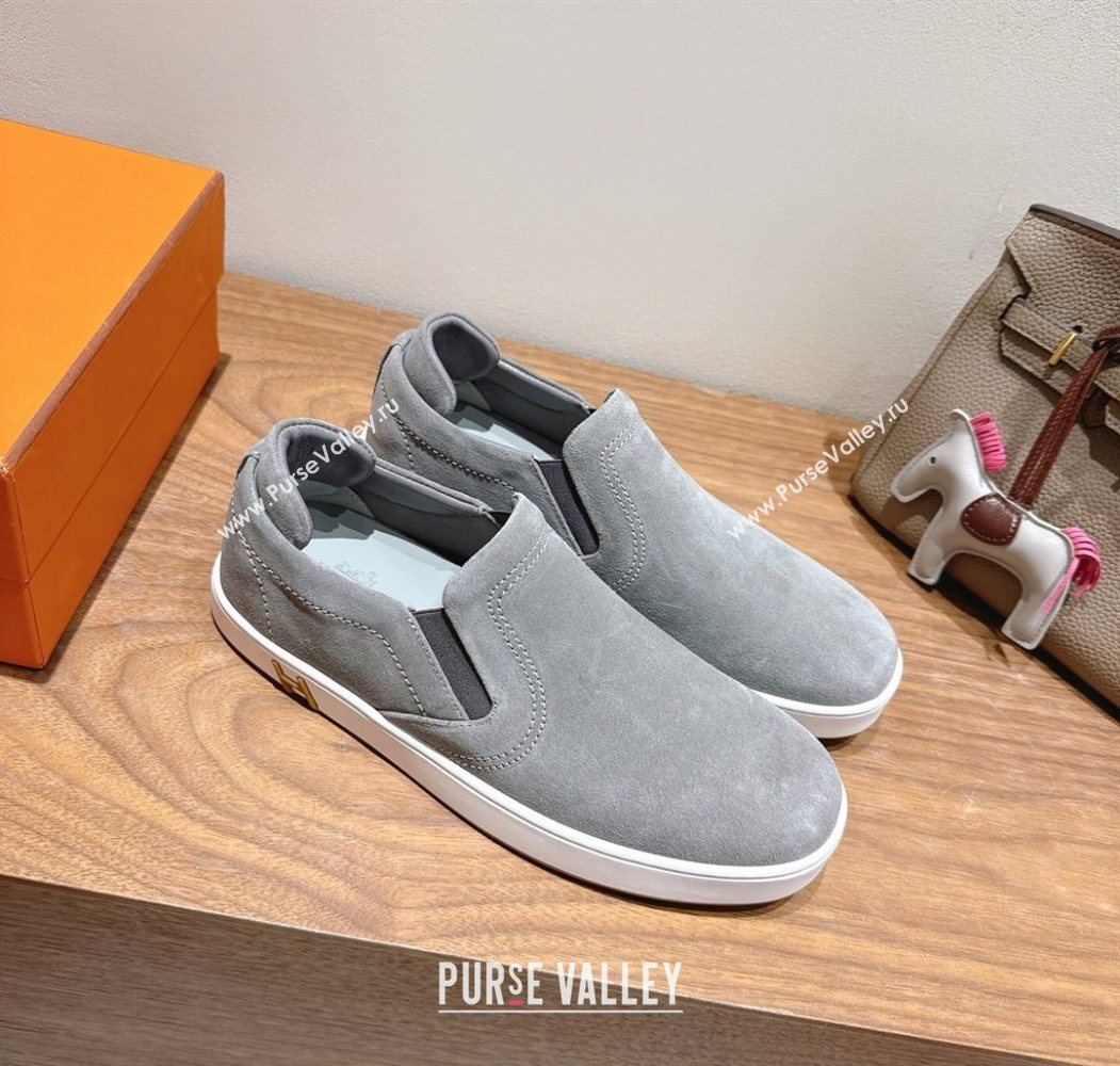 Hermes Lucky slip-on sneakers in Suede with with signature "H" Grey 2025 H252894 (XC-250708048)