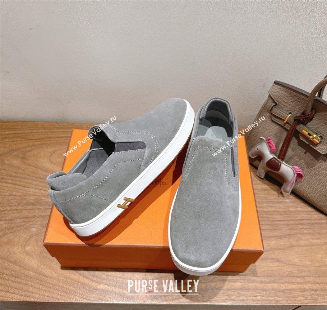 Hermes Lucky slip-on sneakers in Suede with with signature "H" Grey 2025 H252894 (XC-250708048)
