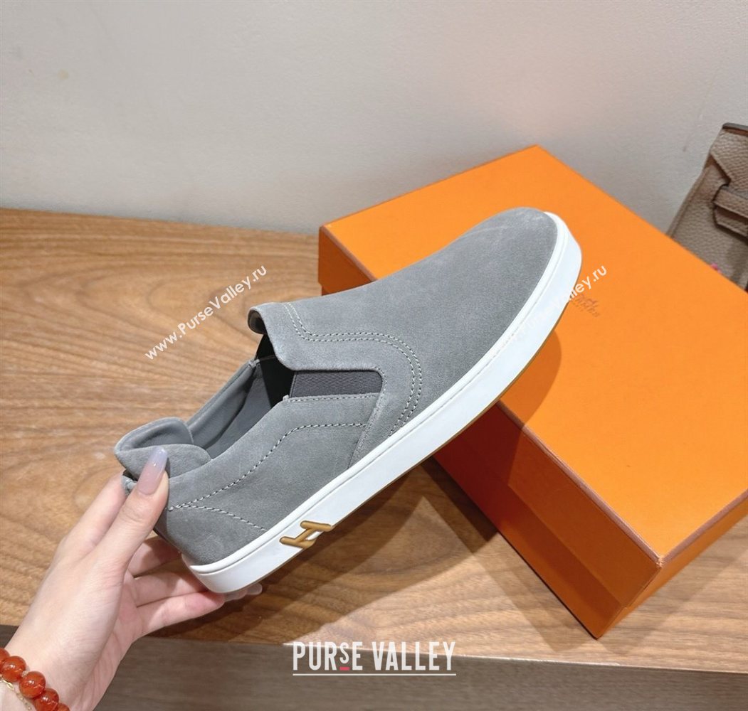 Hermes Lucky slip-on sneakers in Suede with with signature "H" Grey 2025 H252894 (XC-250708048)
