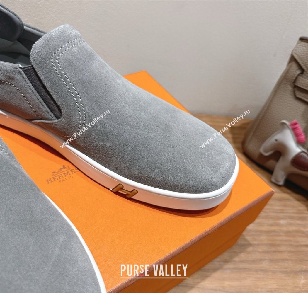 Hermes Lucky slip-on sneakers in Suede with with signature "H" Grey 2025 H252894 (XC-250708048)