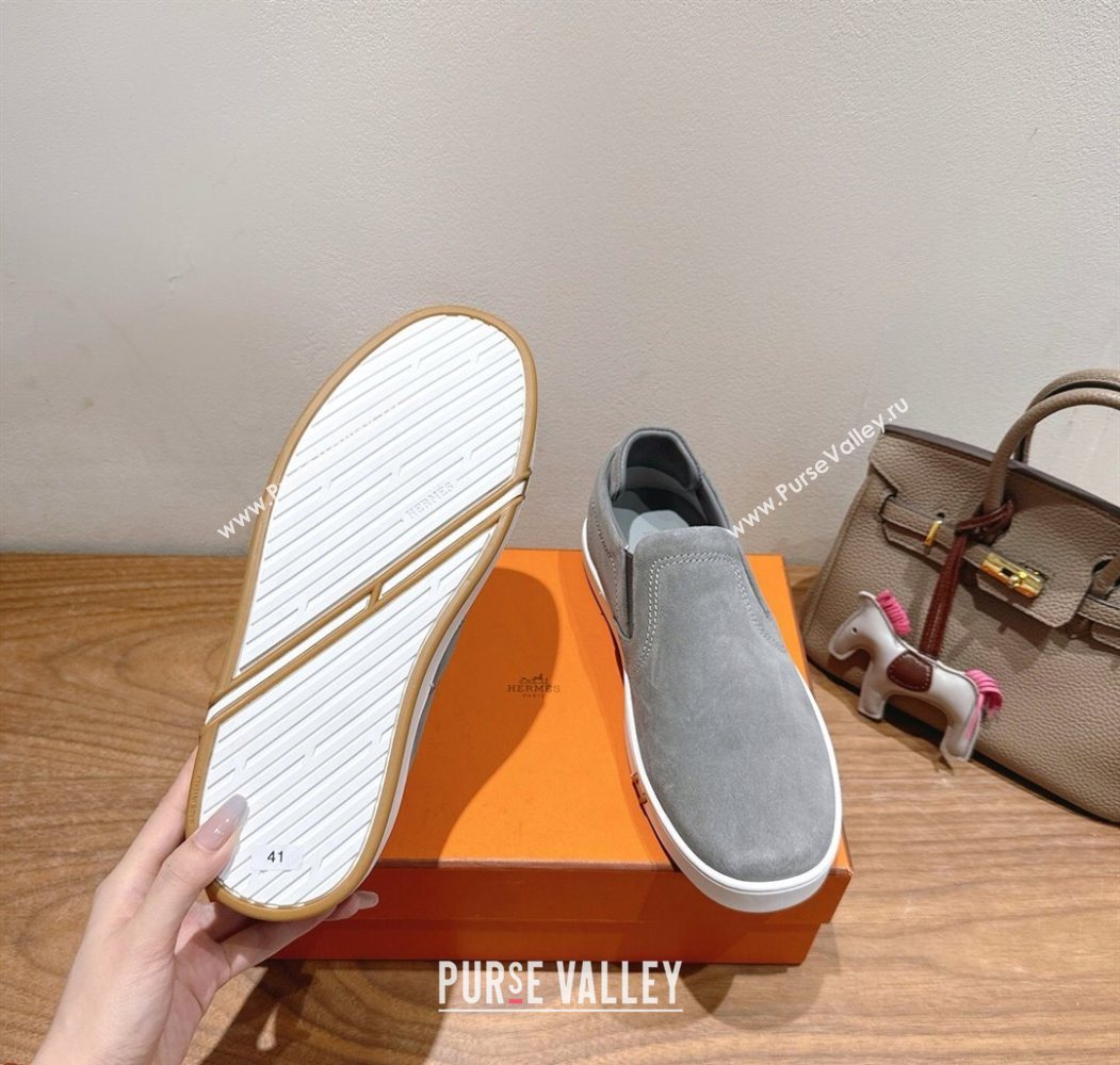 Hermes Lucky slip-on sneakers in Suede with with signature "H" Grey 2025 H252894 (XC-250708048)
