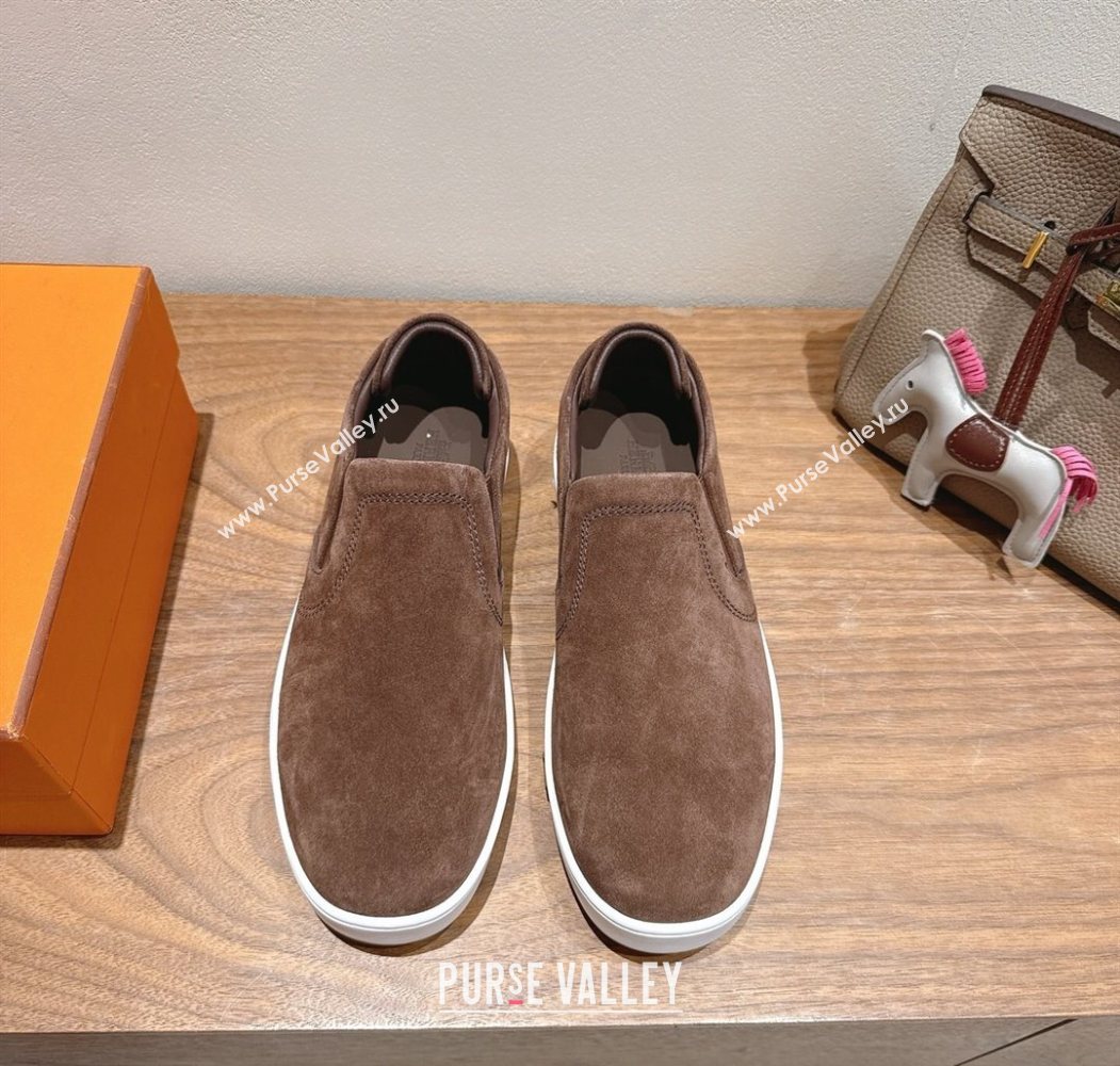 Hermes Lucky slip-on sneakers in Suede with with signature "H" Dark Brown 2025 H252894 (XC-250708049)