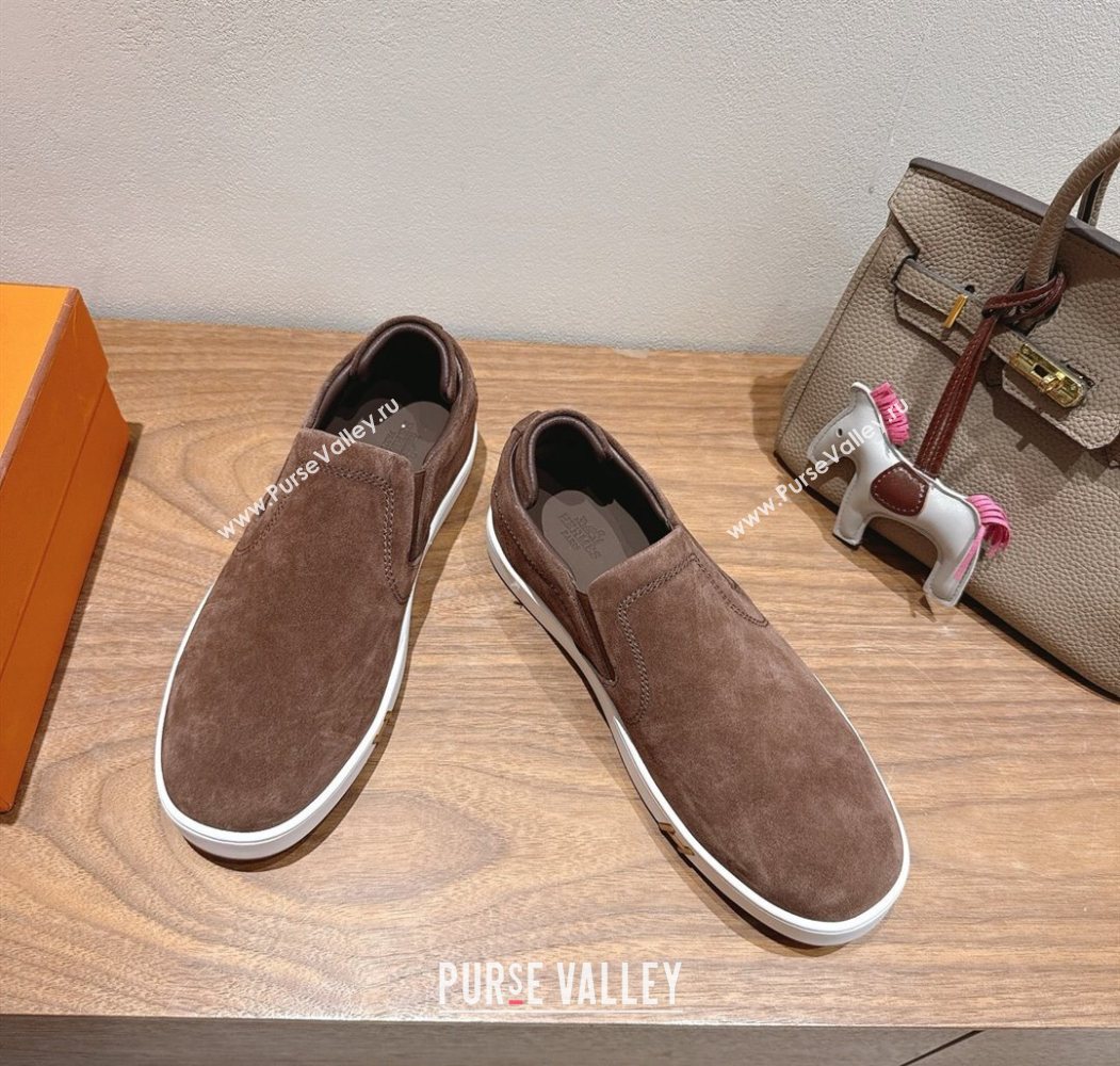Hermes Lucky slip-on sneakers in Suede with with signature "H" Dark Brown 2025 H252894 (XC-250708049)
