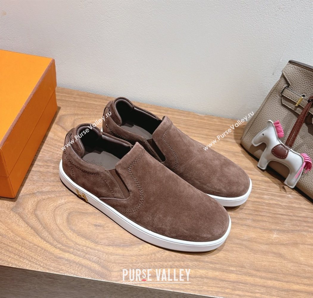 Hermes Lucky slip-on sneakers in Suede with with signature "H" Dark Brown 2025 H252894 (XC-250708049)