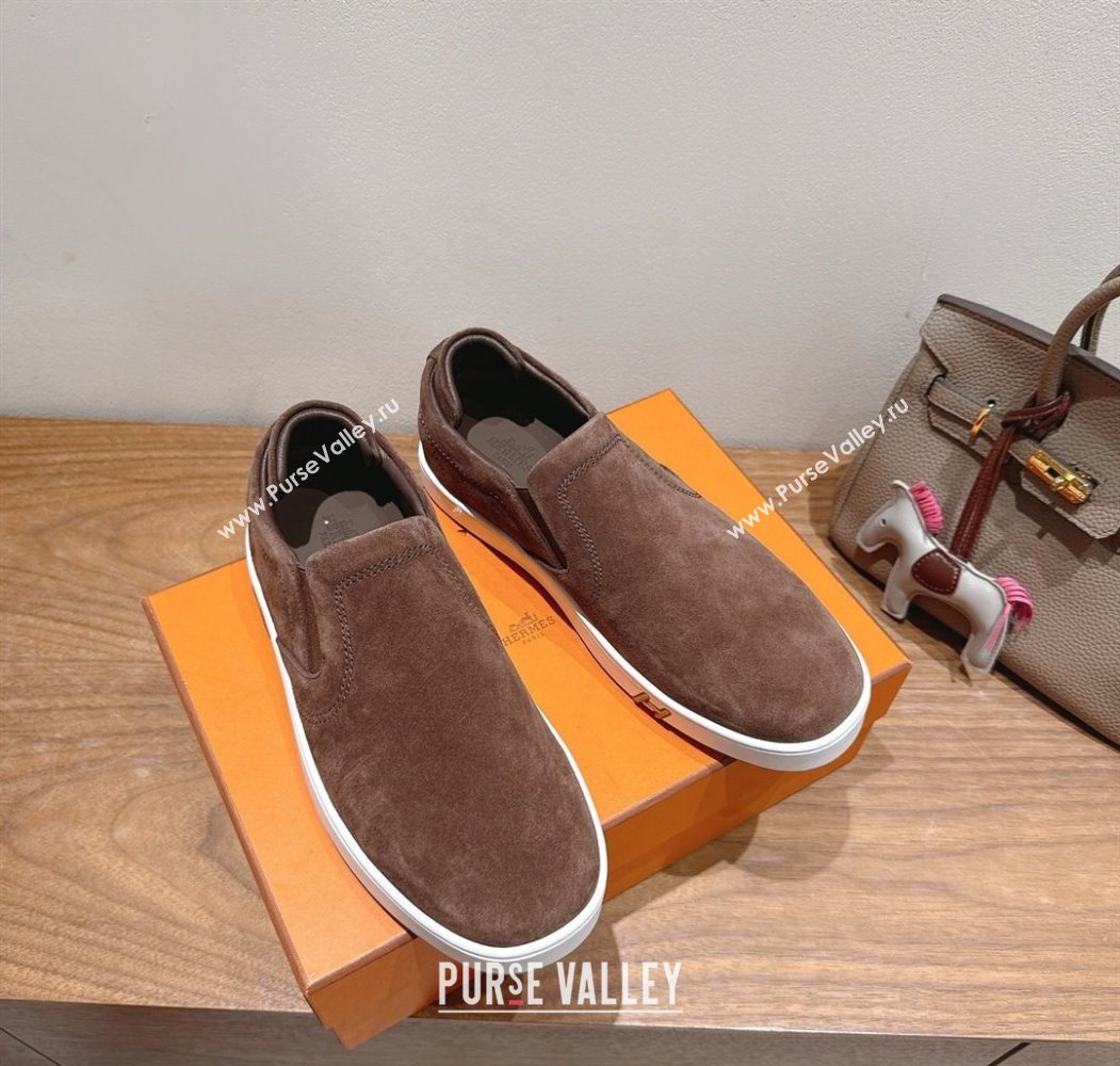 Hermes Lucky slip-on sneakers in Suede with with signature "H" Dark Brown 2025 H252894 (XC-250708049)