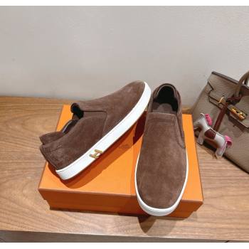 Hermes Lucky slip-on sneakers in Suede with with signature "H" Dark Brown 2025 H252894 (XC-250708049)