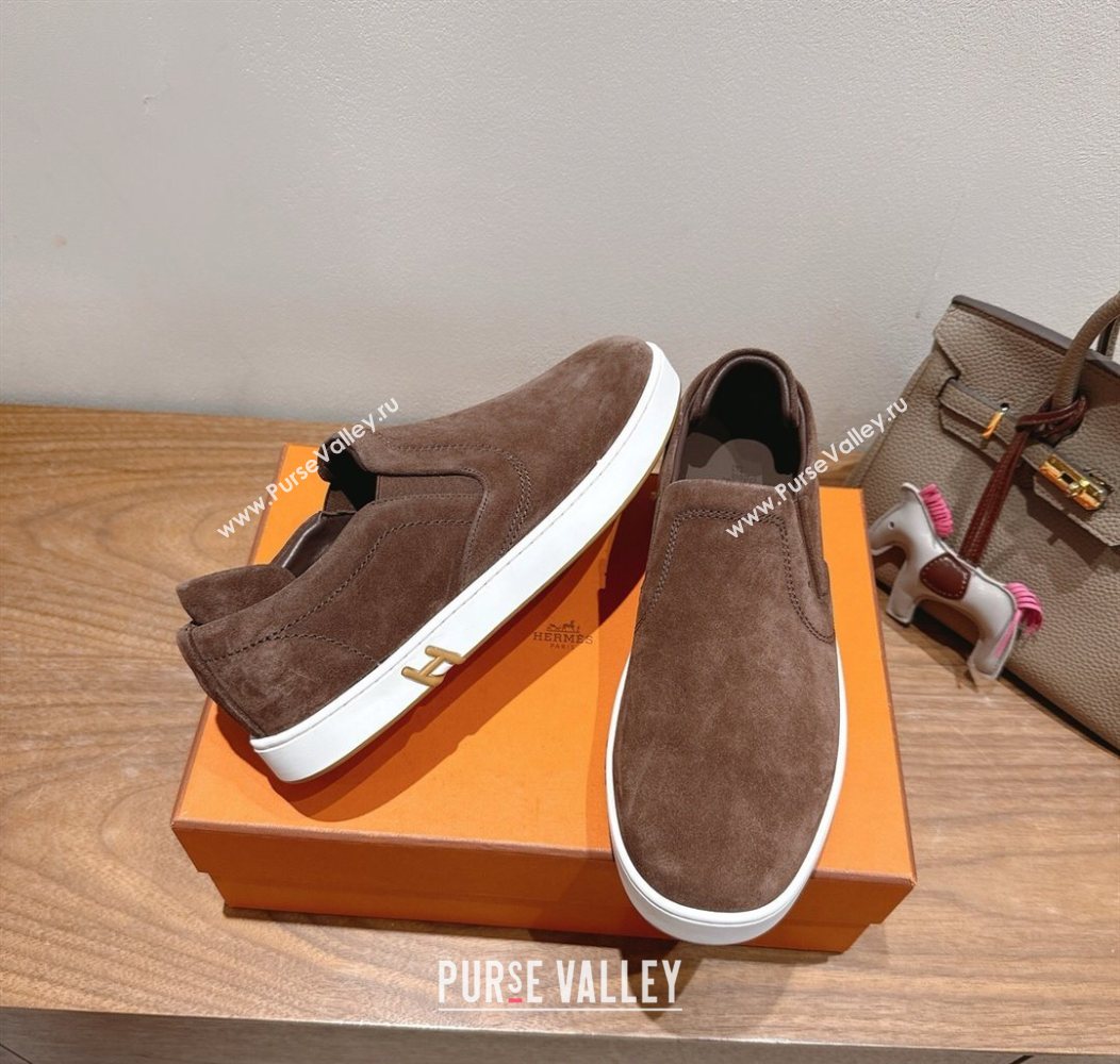 Hermes Lucky slip-on sneakers in Suede with with signature "H" Dark Brown 2025 H252894 (XC-250708049)
