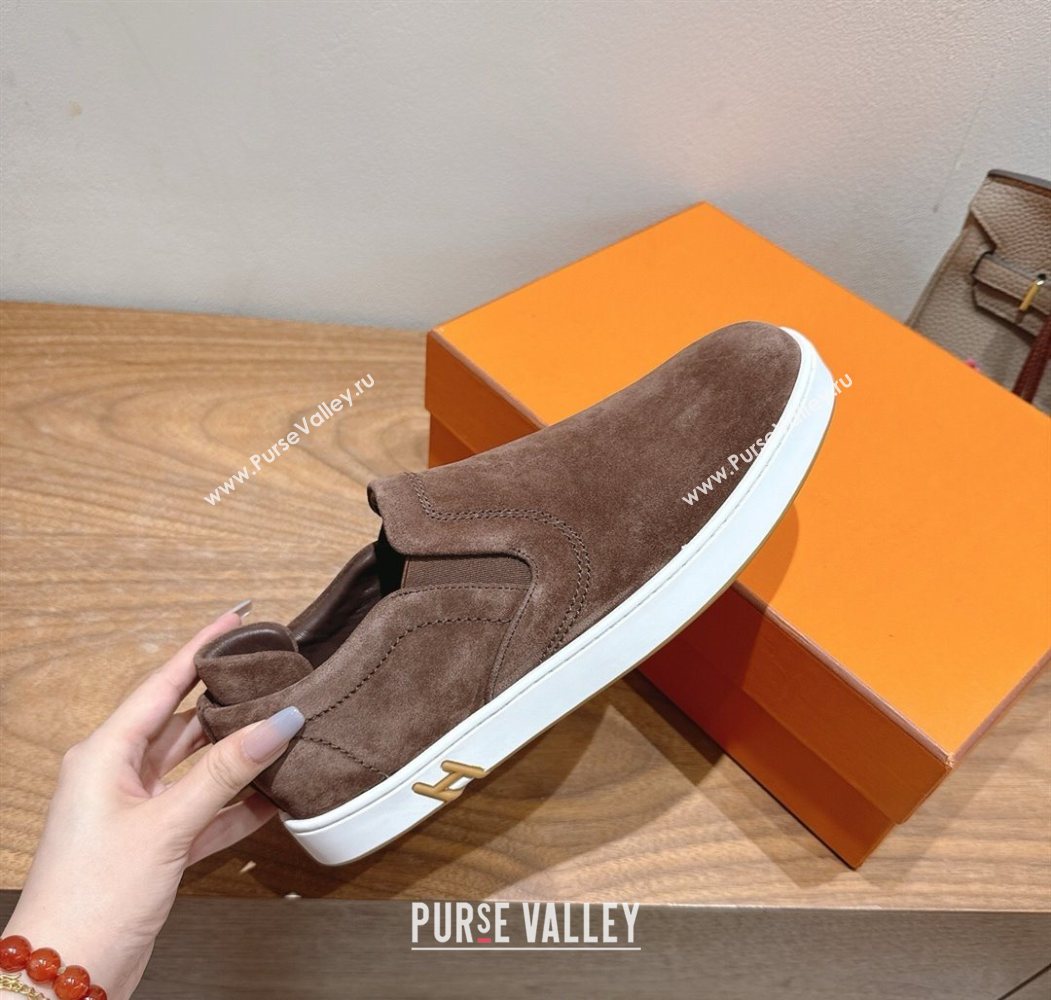 Hermes Lucky slip-on sneakers in Suede with with signature "H" Dark Brown 2025 H252894 (XC-250708049)