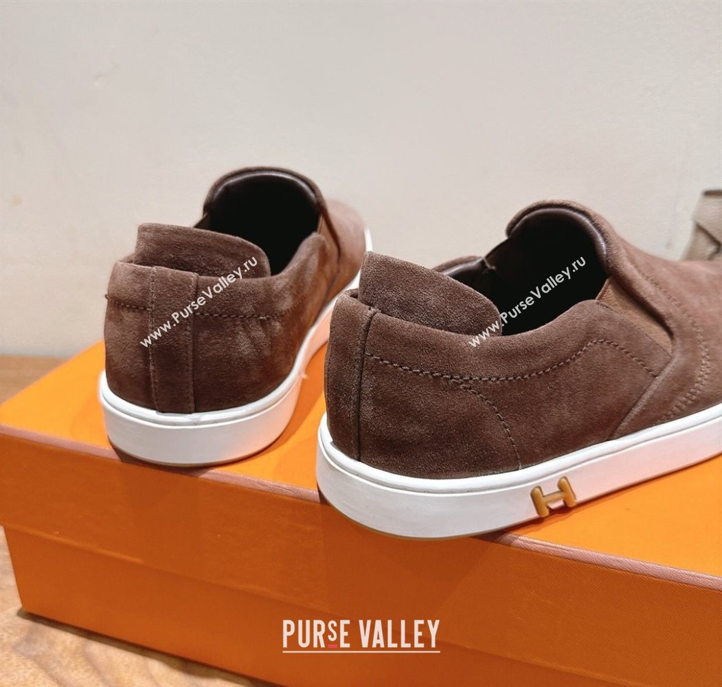 Hermes Lucky slip-on sneakers in Suede with with signature "H" Dark Brown 2025 H252894 (XC-250708049)