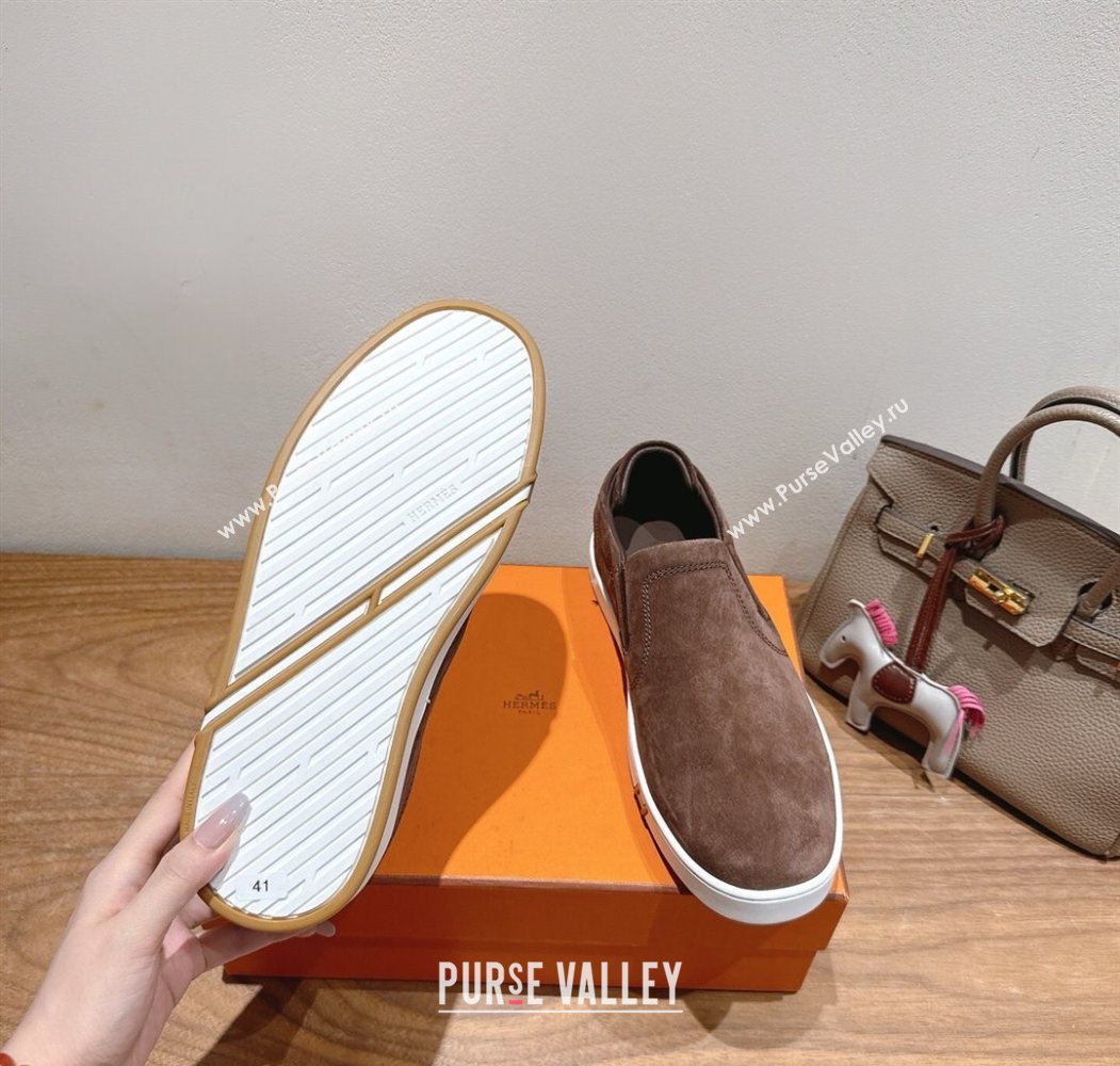 Hermes Lucky slip-on sneakers in Suede with with signature "H" Dark Brown 2025 H252894 (XC-250708049)
