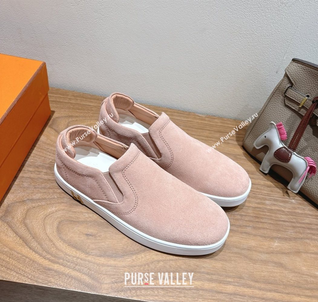 Hermes Lucky slip-on sneakers in Suede with with signature "H" Light Pink 2025 H252894 (XC-250708050)