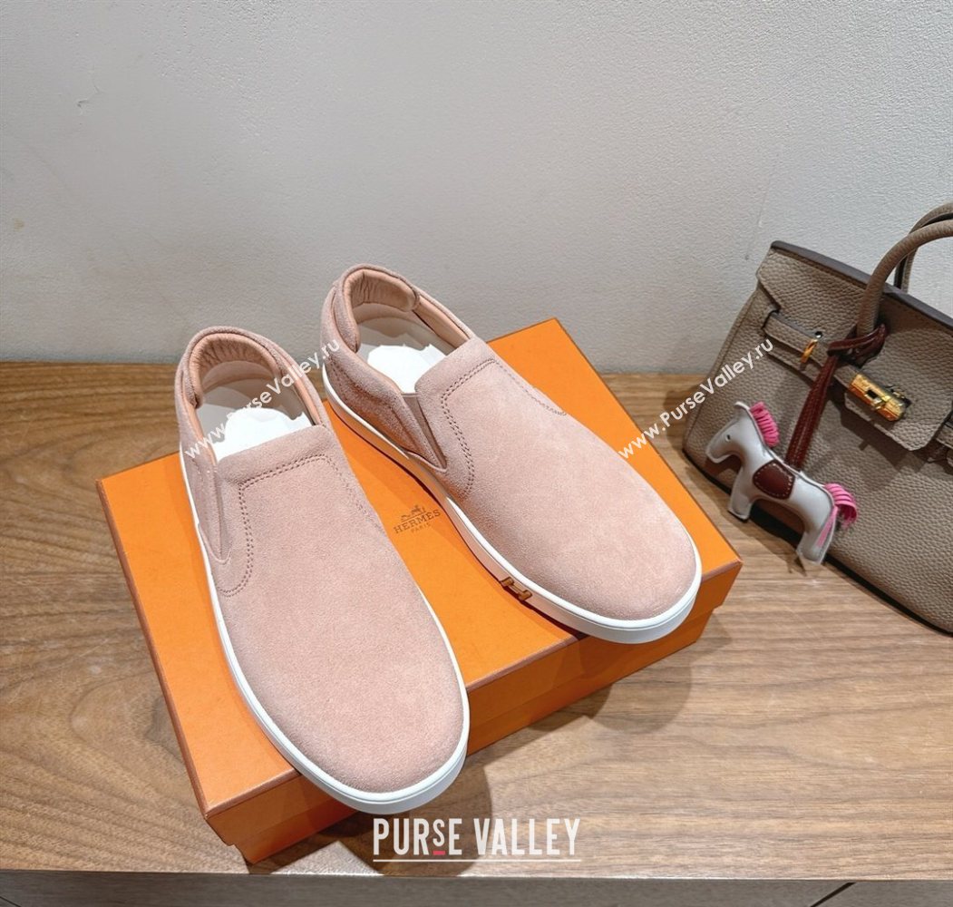 Hermes Lucky slip-on sneakers in Suede with with signature "H" Light Pink 2025 H252894 (XC-250708050)