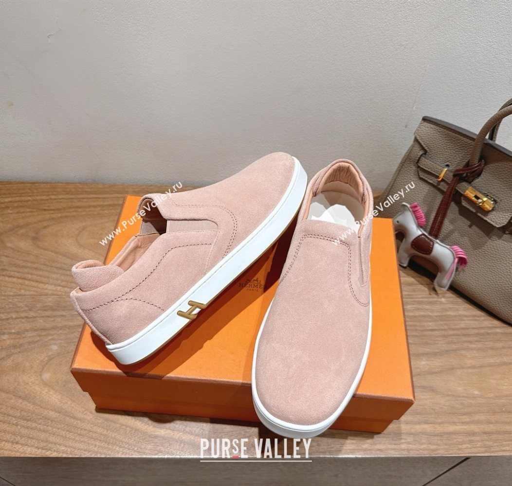 Hermes Lucky slip-on sneakers in Suede with with signature "H" Light Pink 2025 H252894 (XC-250708050)
