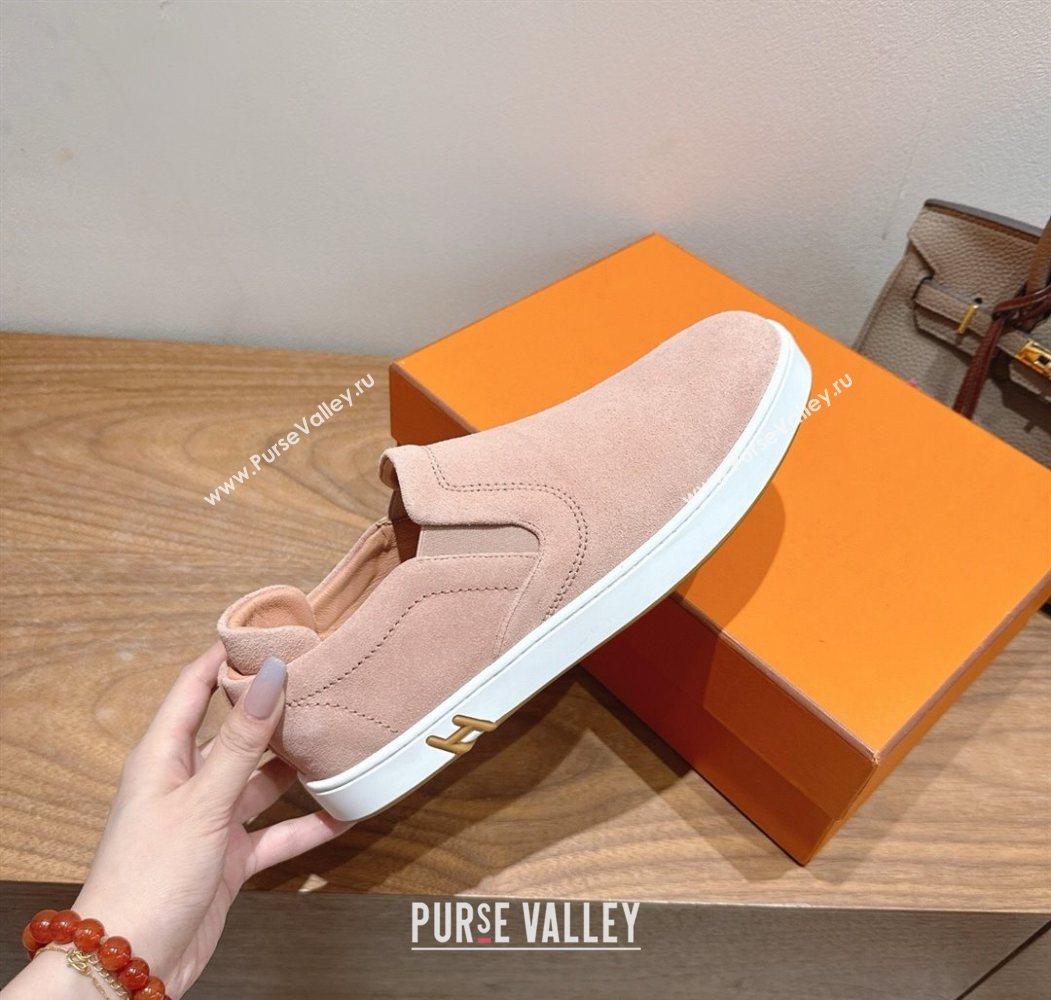 Hermes Lucky slip-on sneakers in Suede with with signature "H" Light Pink 2025 H252894 (XC-250708050)