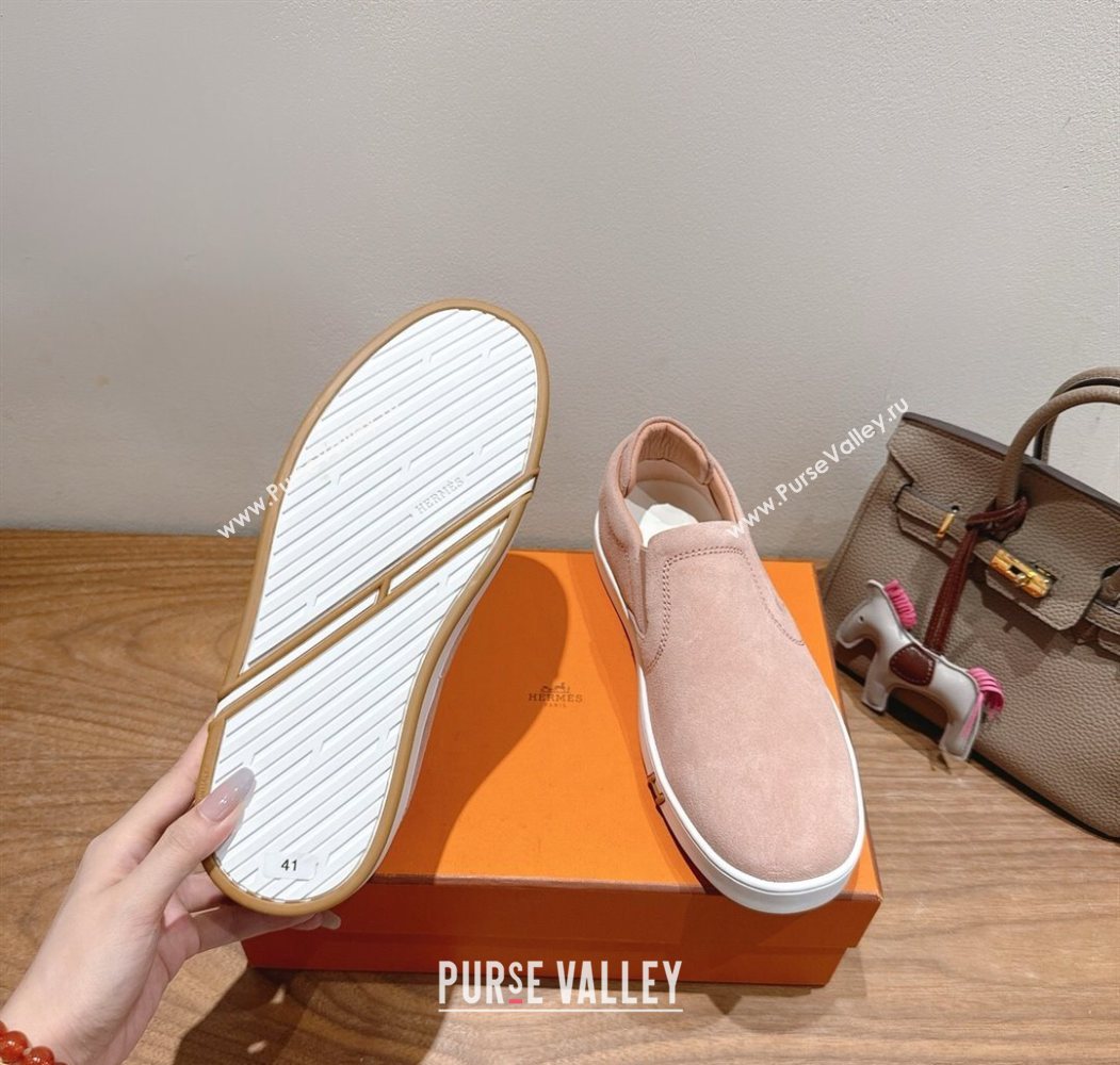 Hermes Lucky slip-on sneakers in Suede with with signature "H" Light Pink 2025 H252894 (XC-250708050)