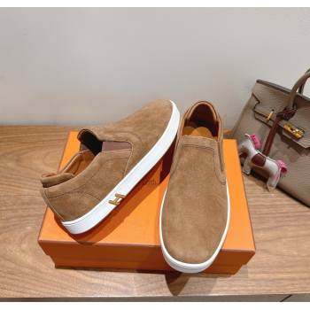 Hermes Lucky slip-on sneakers in Suede with with signature "H" Light Brown 2025 H252894 (XC-250708051)