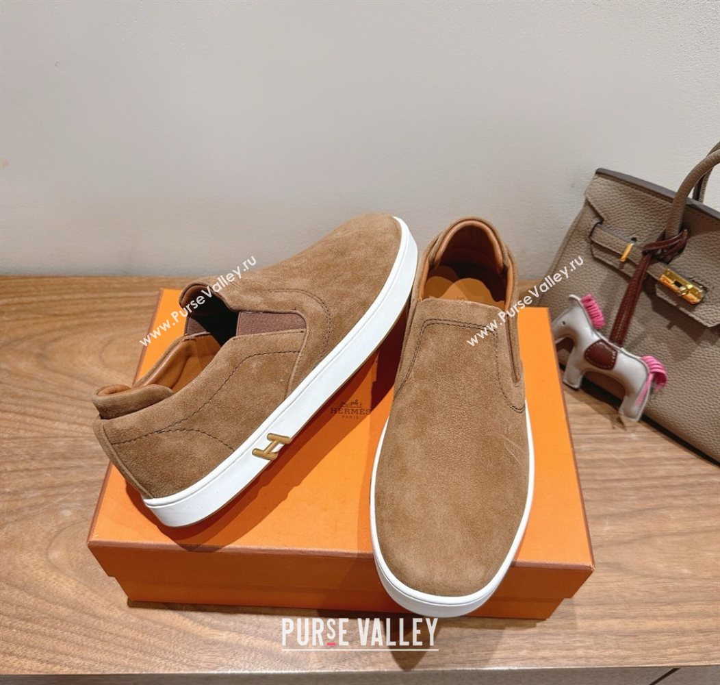 Hermes Lucky slip-on sneakers in Suede with with signature "H" Light Brown 2025 H252894 (XC-250708051)