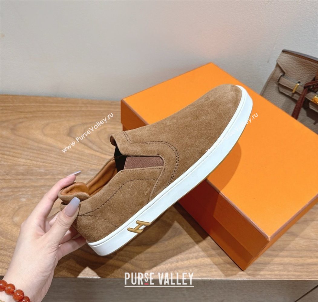 Hermes Lucky slip-on sneakers in Suede with with signature "H" Light Brown 2025 H252894 (XC-250708051)