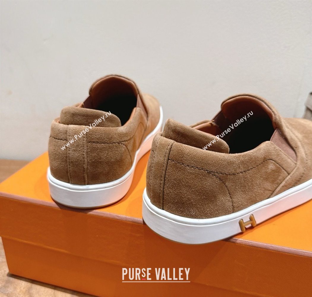 Hermes Lucky slip-on sneakers in Suede with with signature "H" Light Brown 2025 H252894 (XC-250708051)