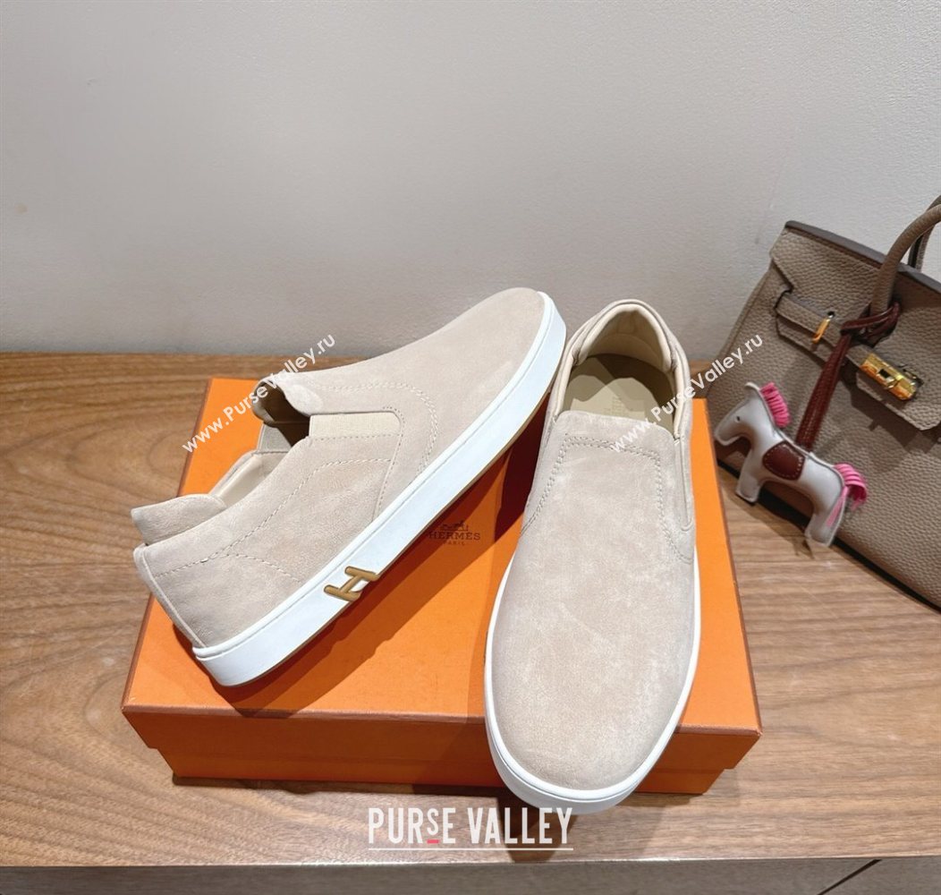 Hermes Lucky slip-on sneakers in Suede with with signature "H" Grey 2025 H252894 (XC-250708052)