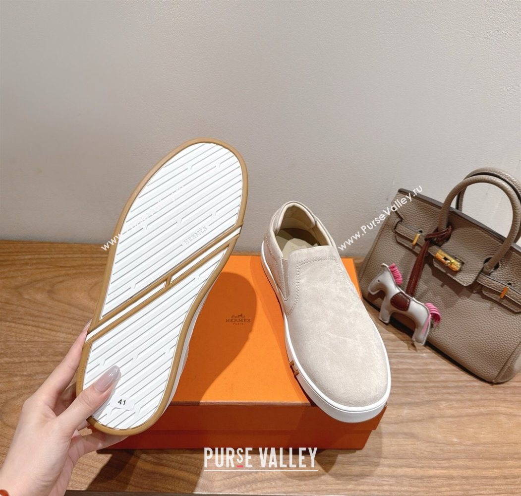 Hermes Lucky slip-on sneakers in Suede with with signature "H" Grey 2025 H252894 (XC-250708052)