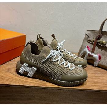 Hermes Lift slip-on sneakers in in knit and grained calfskin Green 2025 H252003 (XC-250708054)