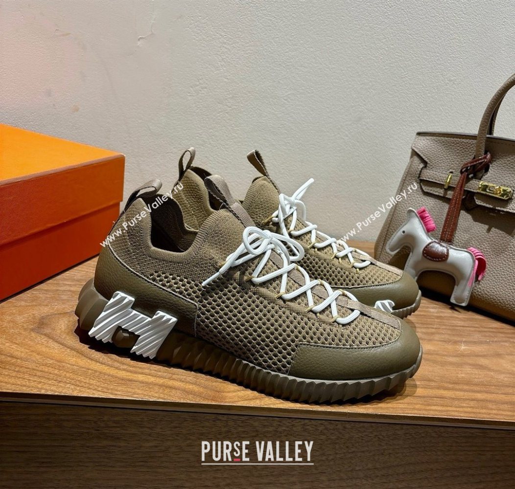 Hermes Lift slip-on sneakers in in knit and grained calfskin Green 2025 H252003 (XC-250708054)