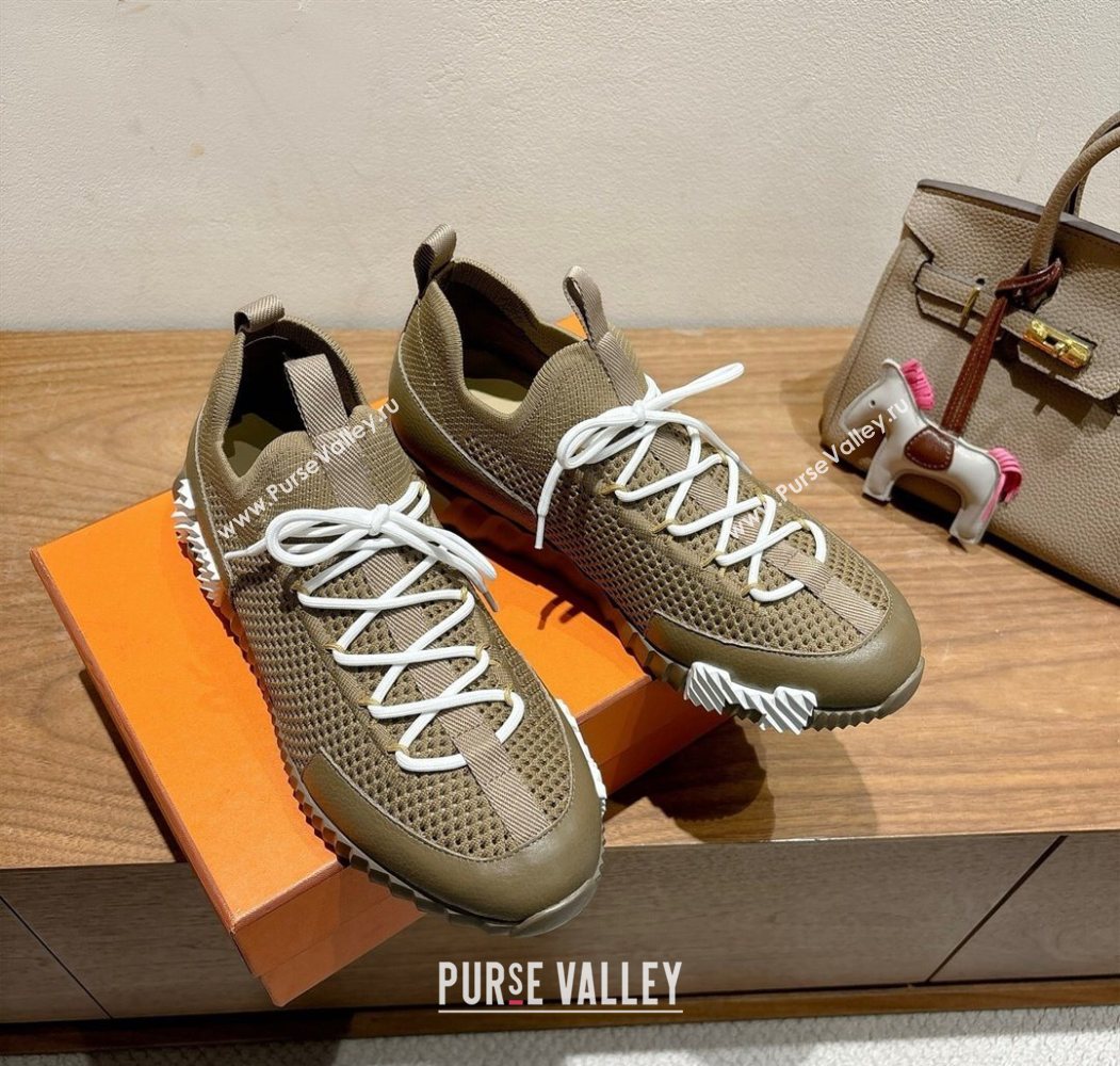 Hermes Lift slip-on sneakers in in knit and grained calfskin Green 2025 H252003 (XC-250708054)