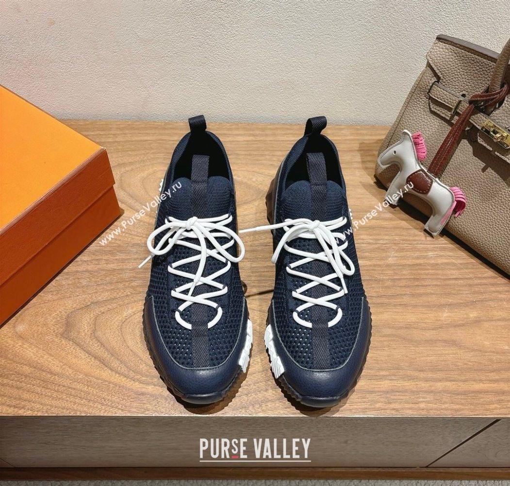 Hermes Lift slip-on sneakers in in knit and grained calfskin Navy Blue 2025 H252003 (XC-250708055)