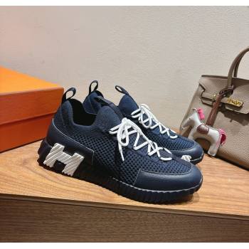 Hermes Lift slip-on sneakers in in knit and grained calfskin Navy Blue 2025 H252003 (XC-250708055)
