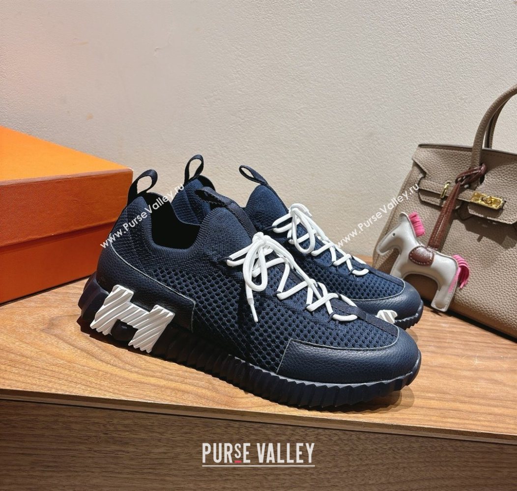 Hermes Lift slip-on sneakers in in knit and grained calfskin Navy Blue 2025 H252003 (XC-250708055)