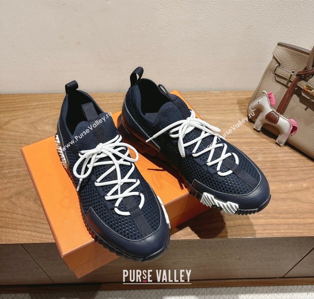 Hermes Lift slip-on sneakers in in knit and grained calfskin Navy Blue 2025 H252003 (XC-250708055)