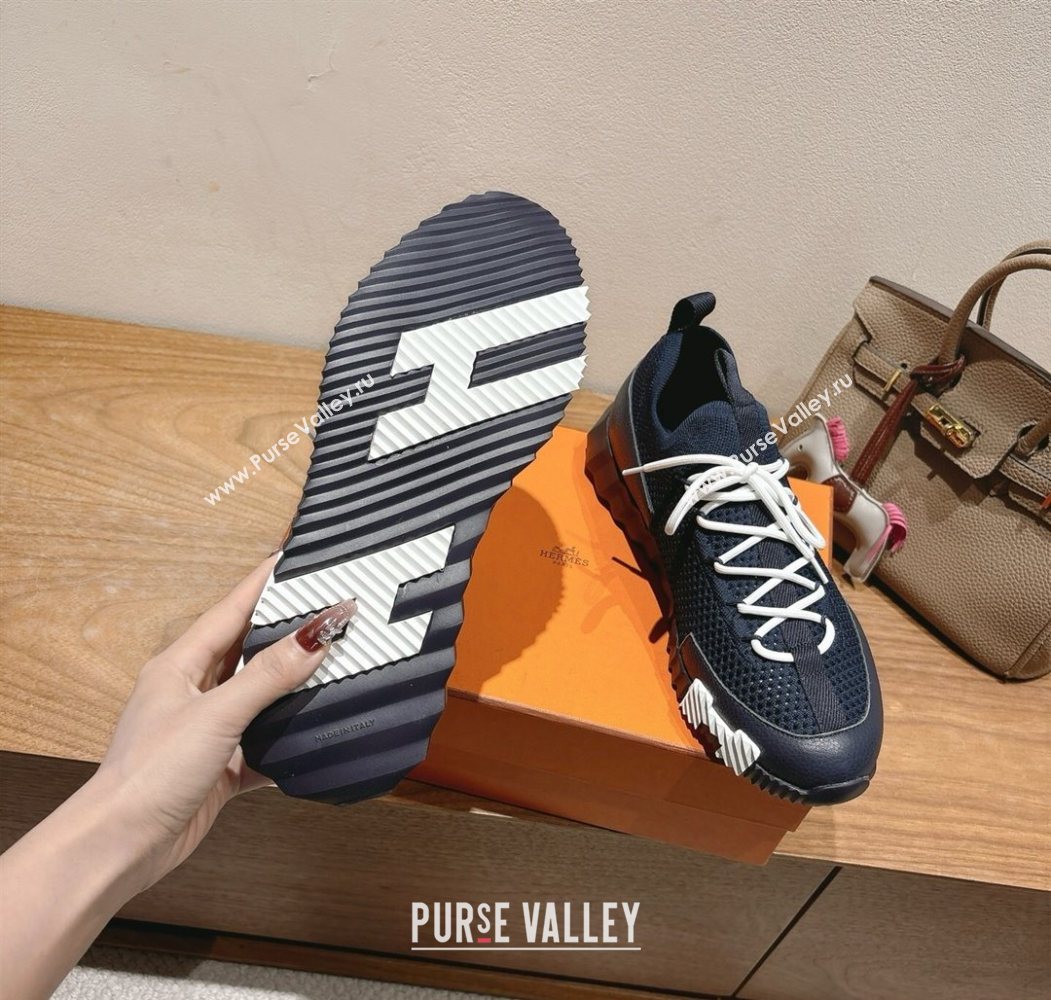 Hermes Lift slip-on sneakers in in knit and grained calfskin Navy Blue 2025 H252003 (XC-250708055)