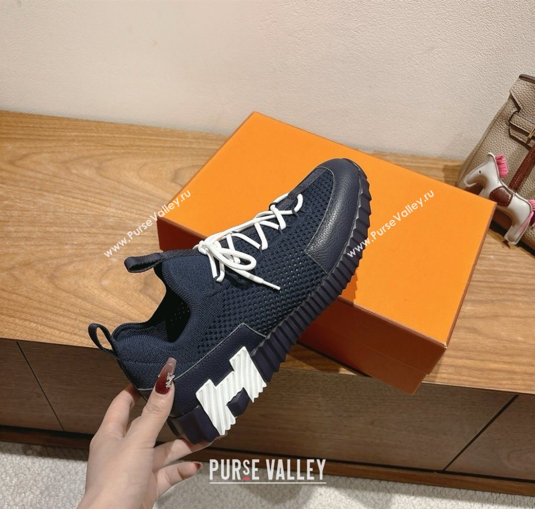 Hermes Lift slip-on sneakers in in knit and grained calfskin Navy Blue 2025 H252003 (XC-250708055)