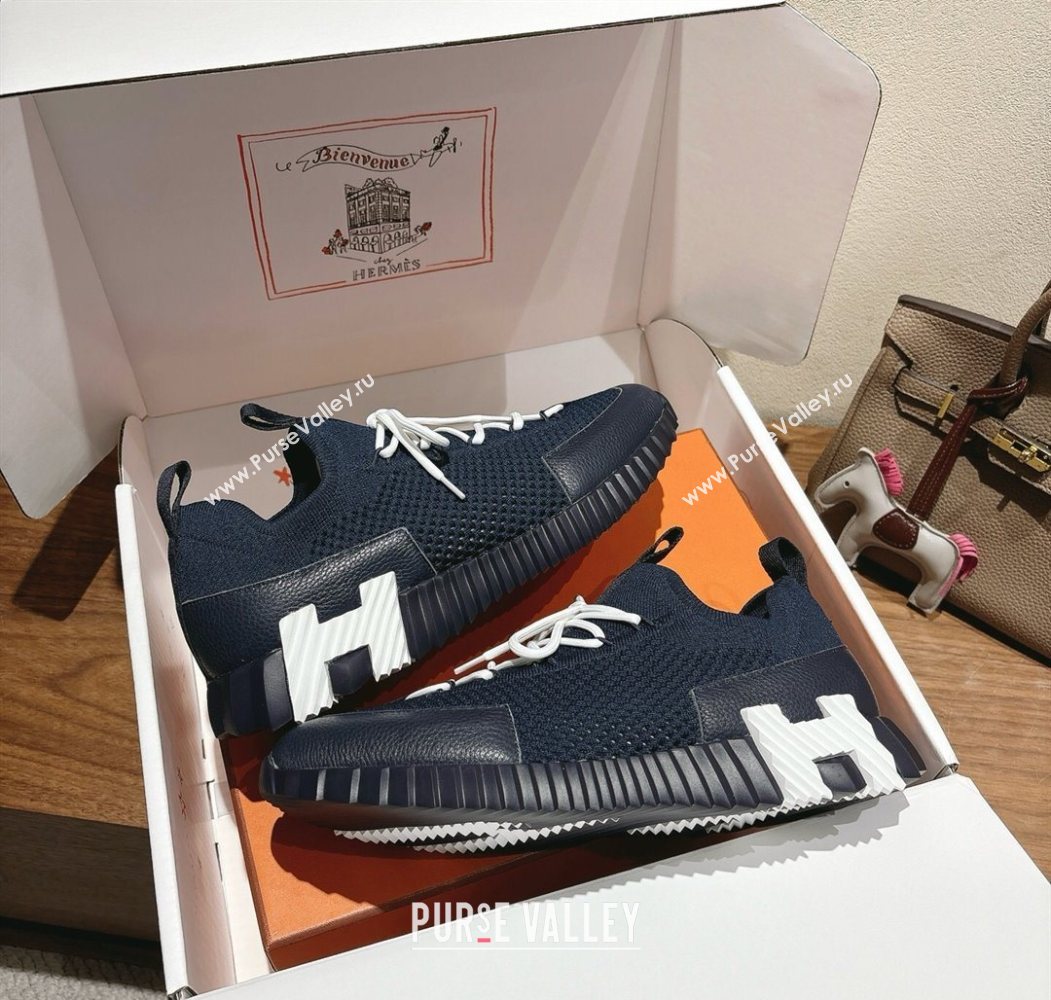 Hermes Lift slip-on sneakers in in knit and grained calfskin Navy Blue 2025 H252003 (XC-250708055)