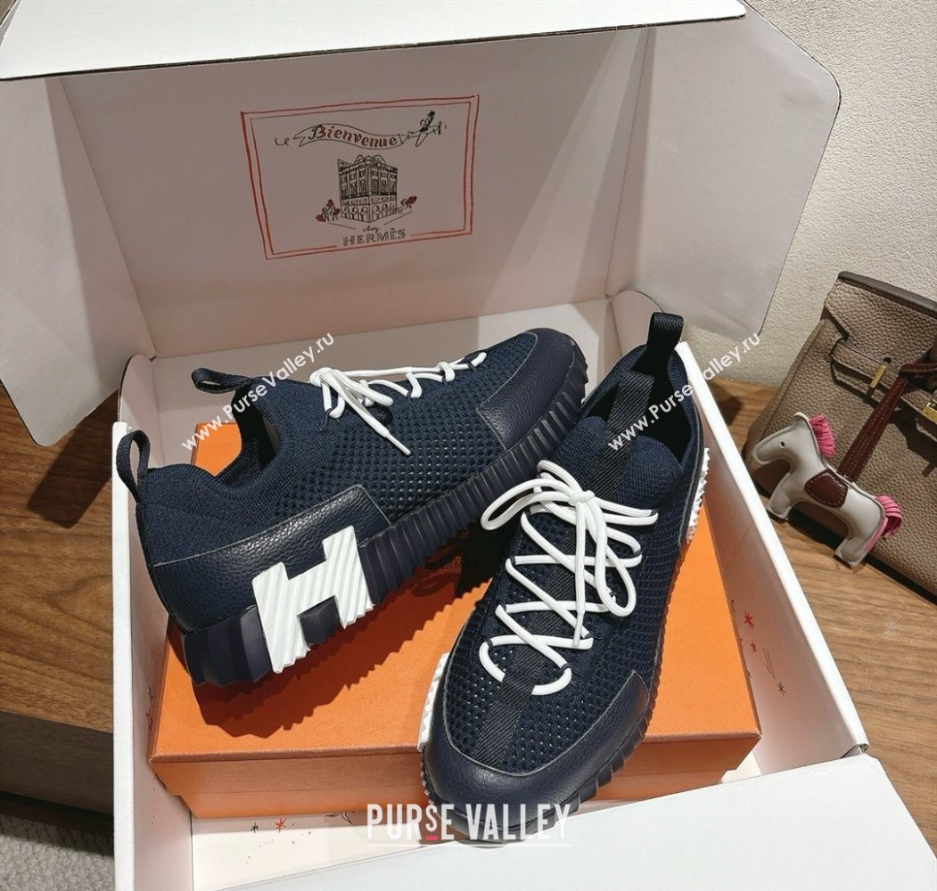 Hermes Lift slip-on sneakers in in knit and grained calfskin Navy Blue 2025 H252003 (XC-250708055)