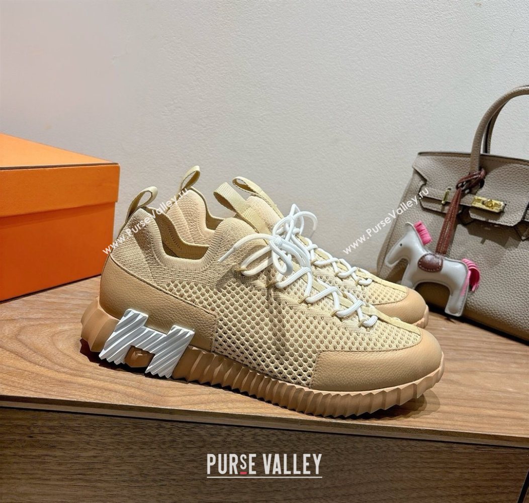 Hermes Lift slip-on sneakers in in knit and grained calfskin Beige 2025 H252003 (XC-250708059)