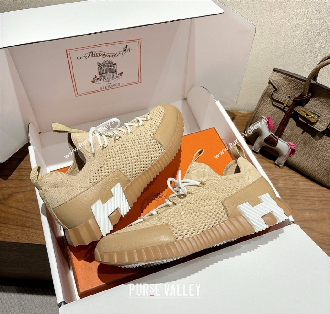 Hermes Lift slip-on sneakers in in knit and grained calfskin Beige 2025 H252003 (XC-250708059)