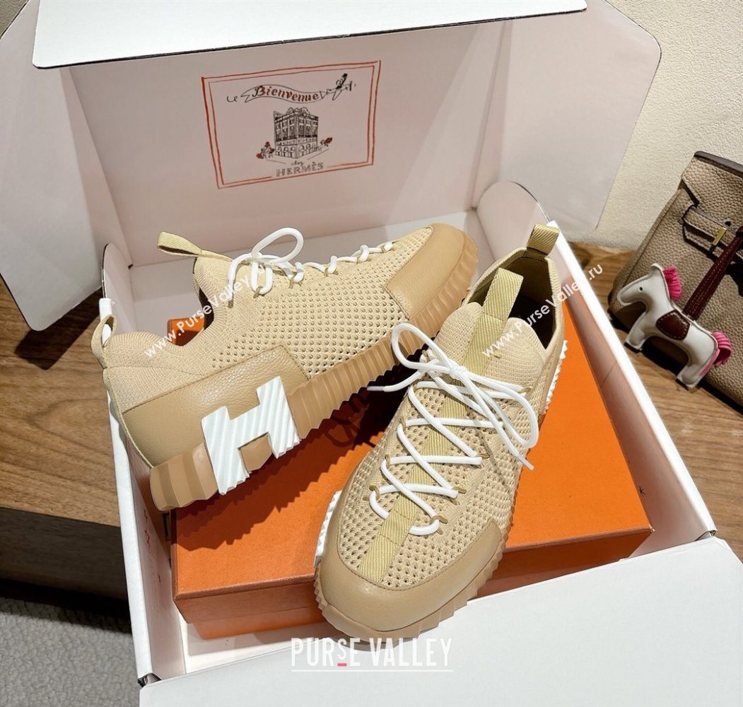 Hermes Lift slip-on sneakers in in knit and grained calfskin Beige 2025 H252003 (XC-250708059)