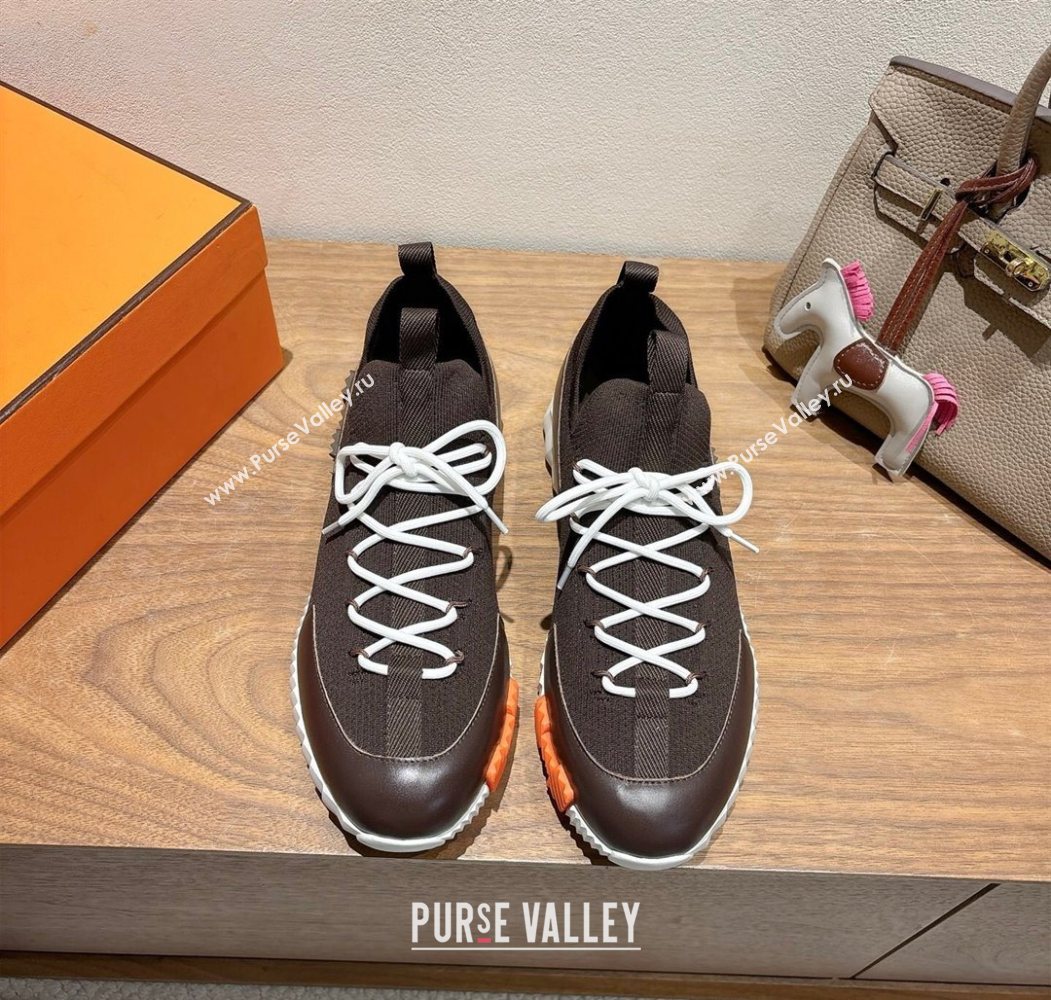 Hermes Lift slip-on sneakers in in knit and smooth calfskin Dark Brown 2025 H252003 (XC-250708061)