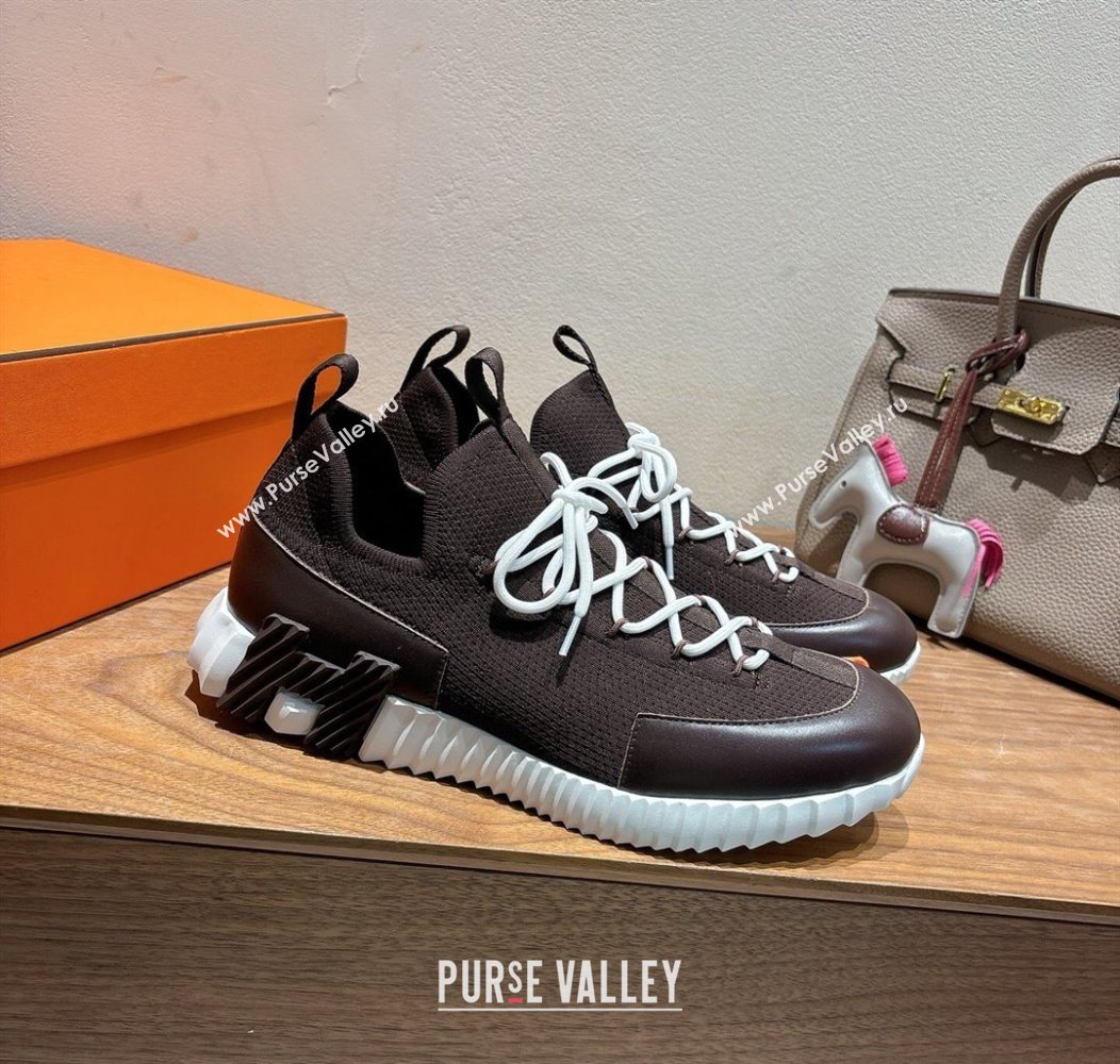 Hermes Lift slip-on sneakers in in knit and smooth calfskin Dark Brown 2025 H252003 (XC-250708061)