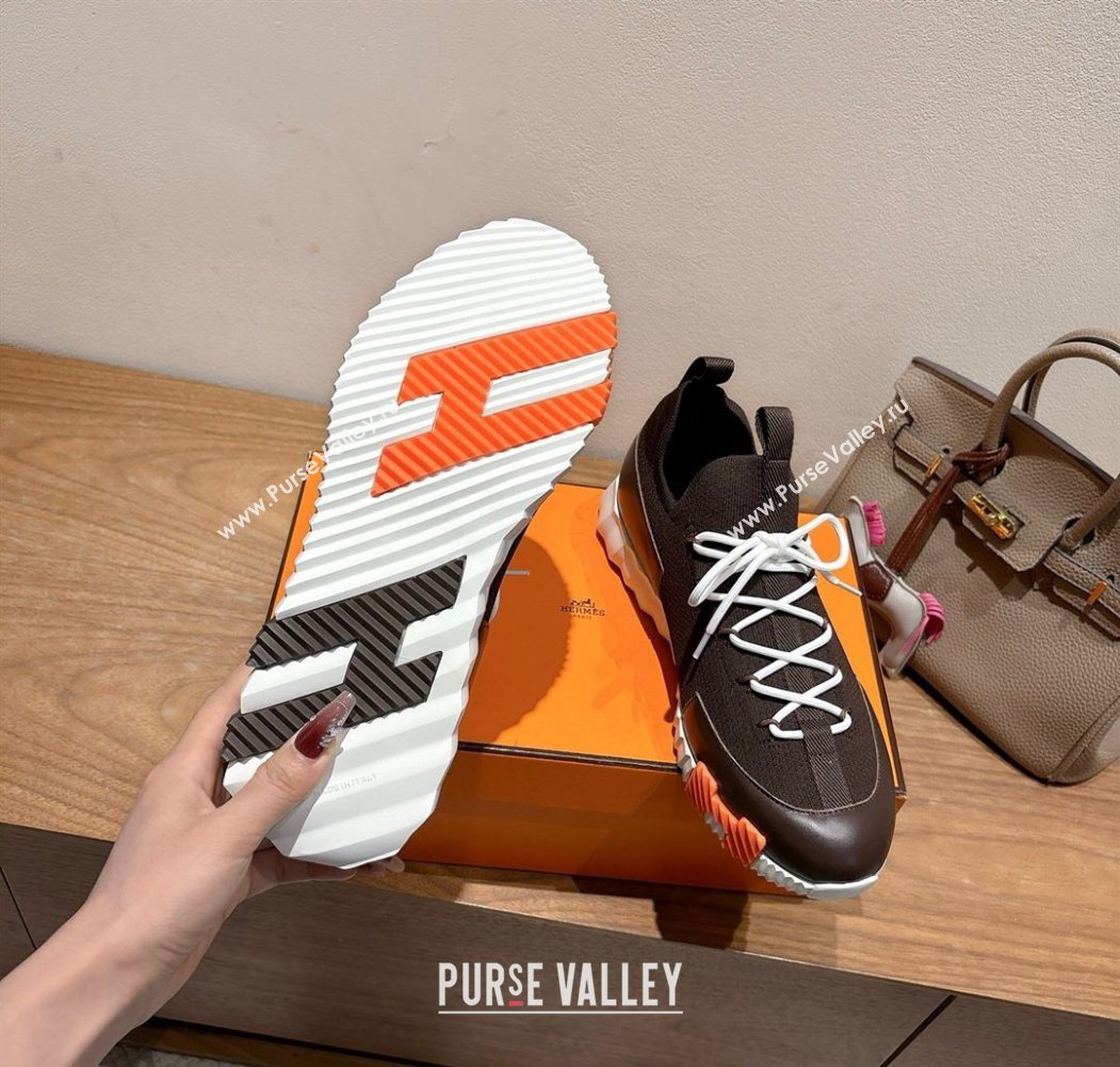 Hermes Lift slip-on sneakers in in knit and smooth calfskin Dark Brown 2025 H252003 (XC-250708061)